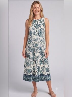 Floral Sleeveless Midi Dress With Pockets Green and White